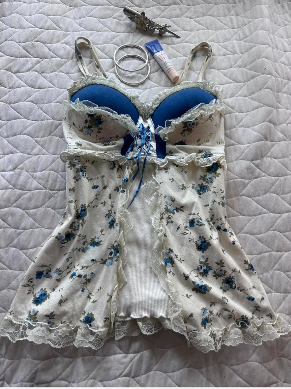 Floral Lace Trim Blue & Cream Babydoll Chemise Top